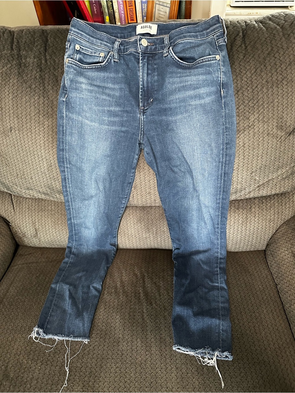 Agolde Mid-Blue Raw Hem Cropped Jeans